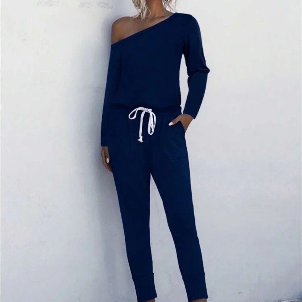 Classic Elegant Asymmetrical Neck Long Sleeve Tie Waist Tee Jumpsuit Navy Blue - Picture 1 of 5